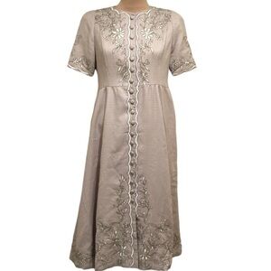 Vintage Midi Dress Size Medium Tan White Gingham Floral Embroidery Scallop Trim